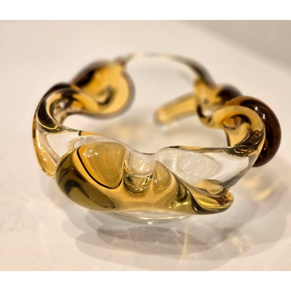 Vintage Czech Skrdlovice MCM Clear Ashtray Honey Color Accents Cigar